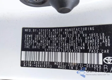 2016 Toyota Corolla S Plus z USA, uszkodzony, nr VIN 5YFBURHE7GP554329